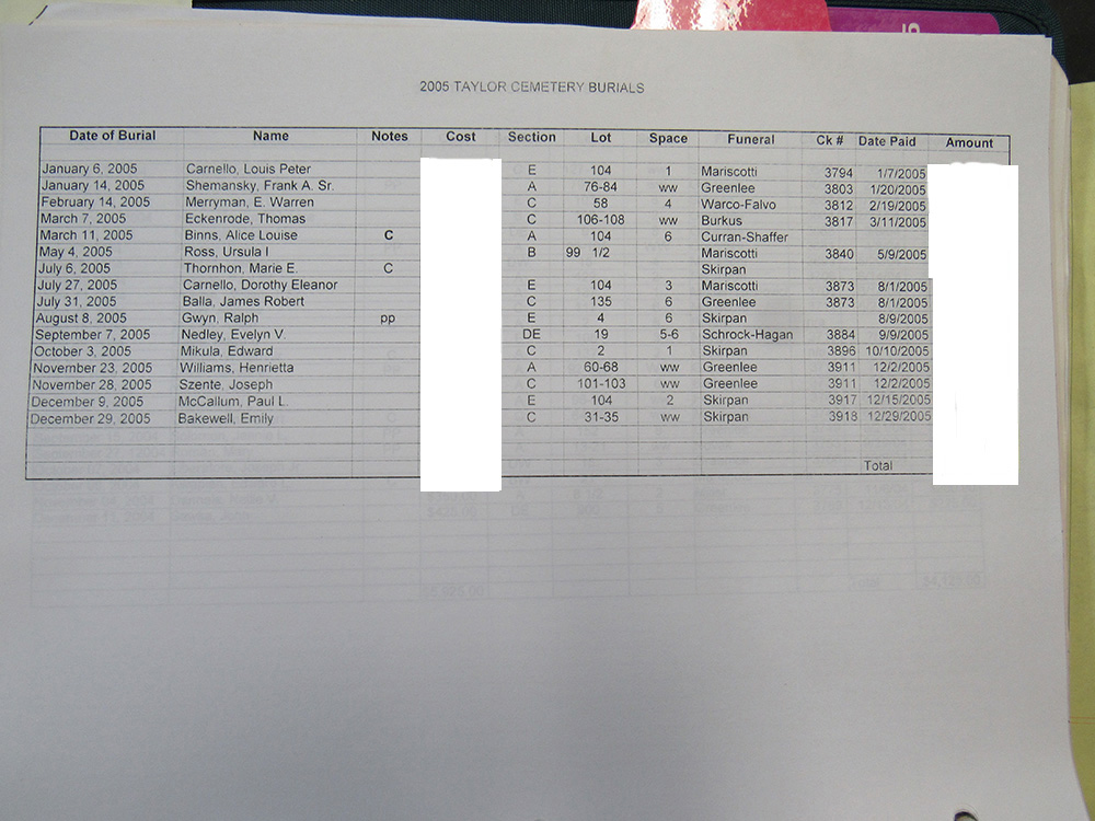 interment listing